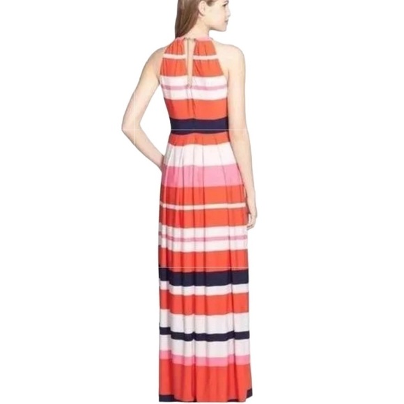 NEW ELIZA J Striped Pleated Halter Maxi Dress Gold Choker Closure Size 10 - Picture 2 of 15